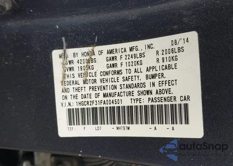 2015 Honda Accord Lx z USA, uszkodzony, nr VIN 1HGCR2F31FA004501